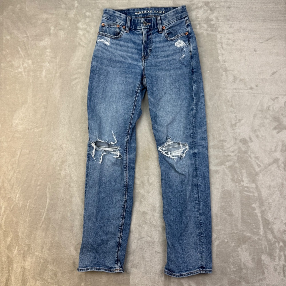American Eagle Curvy Straight Women Size 0 Blue Stretch Distressed High Rise Y2K